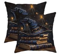 Magic Wizard Hat Pillow Covers Set of 2, Starry Night Blue Throw Pillow Cases, Winter Decorative Square Vintage Style Cushion Covers for Home Sofa Bed Couch 16x16 Inch
