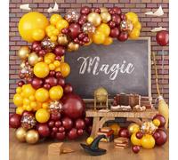 Magic Wizard School Party Decorations, Burgundy Yellow Gold Confetti Harry Magic Fall Balloon Garland Kit, Dark Wine Red Maroon Yellow Potter Balloon Arch for Kid Autumn Birthday Theme Party Supplies