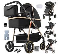 Magic ZC 3 in 1 Pushchair Pram, Baby Stroller 3 in 1 with Reversible Two Pushing Modes, Infant Newborn Buggy One-Click Folding, Toddler Carriage Aluminum Frame (V8 Black Gold)