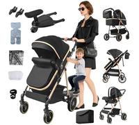 Magic ZC 3 in 1 Pushchair Pram, Baby Stroller 3 in 1 with Reversible Two Pushing Modes, Infant Newborn Buggy One-Click Folding, Toddler Carriage Aluminum Frame (FV8 Black Gold)