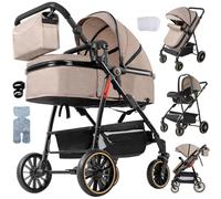 Magic ZC 3 in 1 Pushchair Pram Baby Stroller, Travel System 3 in 1 with Reversible Two Pushing Modes, Newborn Infant Buggy with One-Click Folding, Toddler Carriage Aluminium Frame (V8 Khaki)