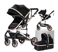 Magic ZC 3 in 1 Pushchair Pram Travel System, Baby Stroller 3 in 1 with Reversible Two Pushing Modes, Newborn Infant Carriage One-Click Folding, Toddler Buggy Aluminum Frame (739 Black Gold)