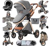 Magic ZC 3 in 1 Pushchair Pram Travel System, Baby Stroller 3 in 1 with Reversible Two Pushing Modes, Newborn Infant Buggy Aluminum Frame, Toddler Carriage One-Click Folding (V9 Grey)