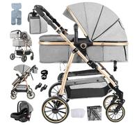 Magic ZC 3 in 1 Pushchair Pram Travel System, Baby Stroller 3 in 1 with Reversible Two Pushing Modes, Newborn Infant Buggy Aluminum Frame, Toddler Carriage One-Click Folding (V8 Gray)