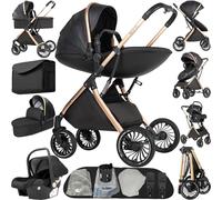 Magic ZC 4 in 1 Pushchair Pram Baby Stroller, Travel System 4 in 1 with Reversible Two Pushing Modes, Newborn Carriage Aluminium Frame, Toddler Infant Buggy with One-Click Folding (688 Black)