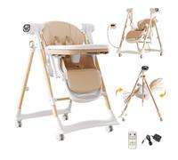 Magic ZC Electric Bluetooth Smart 2-in-1 Dining Mode and Swing Mode Baby Toddler Feeding Dining Chair, Multifunctional Foldable, Convertible with Detachable Double Trays and Wheels (8128 Khaki)
