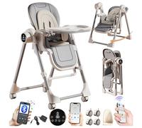 Magic ZC Electric Bluetooth Smart PU Leather Baby High Chair Foldable Toddler Feeding Dining Chair with Adjustable Heights and Positions, Detachable Double Trays and Wheels (E8121 Grey)