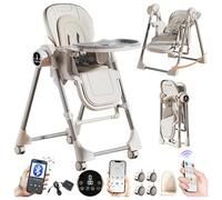 Magic ZC Electric Bluetooth Smart PU Leather Baby High Chair Toddler Feeding Dining Chair with Adjustable Heights and Positions Foldable with Detachable Double Trays and Wheels (E8121 White)