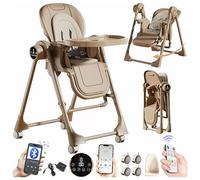 Magic ZC Electric Bluetooth Smart PU Leather Baby High Chair Toddler Feeding Dining Chair with Adjustable Heights and Positions Foldable with Detachable Double Trays and Wheels (E8121 Khaki)