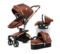 Magic ZC PU Leather 3 in 1 Pushchair Pram Travel System, Baby Stroller 3 in 1 with 360° Rotatable Seat, Newborn Infant Buggy with Aluminum Frame, Toddler Carriage with One-Click Folding (906 Brown-1)