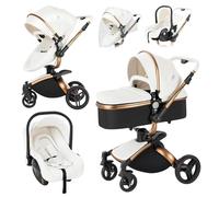 Magic ZC PU Leather 3 in 1 Pushchair Pram Travel System, Baby Stroller 3 in 1 with 360° Rotatable Seat, Newborn Infant Carriage One-Click Folding, Toddler Buggy Aluminum Frame (906 White)