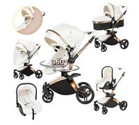 Magic ZC PU Leather 3 in 1 Pushchair Pram Travel System, Baby Stroller 3 in 1 with 360° Rotatable Seat, Newborn Infant Carriage One-Click Folding, Toddler Buggy Aluminum Frame (906 White)