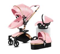 Magic ZC PU Leather 3 in 1 Pushchair Pram Travel System, Baby Stroller 3 in 1 with 360° Rotatable Seat, Newborn Infant Buggy with Aluminum Frame, Toddler Carriage with One-Click Folding (906 Pink-1)