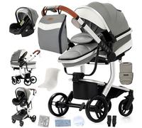 Magic ZC PU Leather 3 in 1 Pushchair Pram Travel System, Baby Stroller 3 in 1 with Reversible Two Pushing Modes, Newborn Infant Buggy Aluminum Frame, Toddler Carriage One-Click Folding (Grey 518-1)