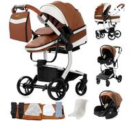 Magic ZC PU Leather 3 in 1 Pushchair Pram Travel System, Baby Stroller 3 in 1 with Reversible Two Pushing Modes, Newborn Infant Carriage One-Click Folding, Toddler Buggy Aluminum Frame (Khaki 518)