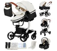 Magic ZC PU Leather 3 in 1 Pushchair Pram Travel System, Baby Stroller 3 in 1 with Reversible Two Pushing Modes, Newborn Infant Carriage One-Click Folding, Toddler Buggy Aluminum Frame (White 518)