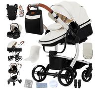 Magic ZC PU Leather 3 in 1 Pushchair Pram Travel System, Baby Stroller 3 in 1 with Reversible Two Pushing Modes, Newborn Infant Buggy Aluminum Frame, Toddler Carriage One-Click Folding (White 518-1)