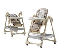 Magic ZC PU Leather Baby High Chair Toddler Feeding Dining Chair with Adjustable Heights and Positions Multifunctional Foldable Convertible with Detachable Double Trays and Wheels (X8122 Khaki)