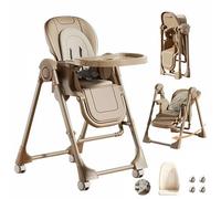 Magic ZC PU Leather Baby High Chair Toddler Feeding Dining Chair with Adjustable Heights and Positions Multifunctional Foldable Convertible with Detachable Double Trays and Wheels (X8121 Khaki)