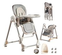 Magic ZC PU Leather Baby High Chair Toddler Feeding Dining Chair with Adjustable Heights and Positions Multifunctional Foldable Convertible with Detachable Double Trays and Wheels (X8121 Grey)