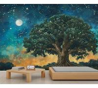 Magical Ancient Tree Wall Mural Green Tree of Life Wallpaper Starry Night Sky Mural Full Moon Nature Forest Murals for Living Room Tv Background Wall 390 x 260 cm