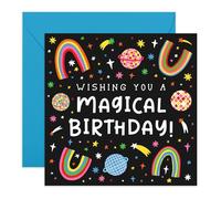 Magical Birthday Card - Rainbow Space Disco Theme - Fun Greeting Card for Kids Children Friends Sister Daughter Niece Granddaughter Girlfriend Teens All Ages Her- Comes with Stickers