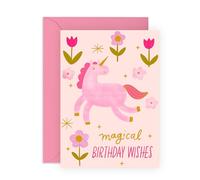 Magical Birthday Wishes Card - Cute Pink Unicorn & Flowers - Fantasy Greeting Card for Girls, Kids, Daughter, Her, Toddler, Baby, Goddaughter, Niece, Cousin & Unicorn Lovers -Comes with Fun Stickers