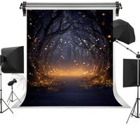 Magical Blue Forest Polyester Backdrop 5x7FT, Enchanted Dark Woods with Glowing Fireflies and Golden Trail, Fairy Theme Photography Background for Halloween, Birthday, or Princess Party