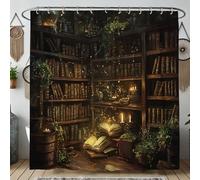 Magical Bookshelf Shower Curtain, Enchanted Forest Dark Brown Vintage Design for Bathroom Decor, Cozy Autumn Winter Elegant Waterproof Fabric Shower Curtain Set with Hooks 72x78 Inch