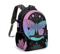 Magical Butterfly Crescent Moon Print Backpack 16 Inch Gradient Cosmic Stars Crystals Mystical Floral Night Sky Daypack (01)