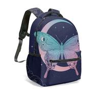 Magical Butterfly Crescent Moon Print Backpack 16 Inch Gradient Cosmic Stars Crystals Mystical Floral Night Sky Daypack (02)