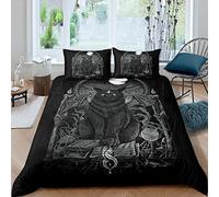 Magical Cat Print Comforter Cover for Kids Boys Magic Book Spell Witch Duvet Cover Halloween Theme Bedding Skull Demon Quilt Cover Child Teen Bedroom Decor 3Pcs Bedcloths Double Black