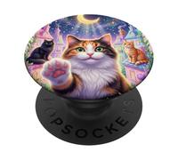 Magical Cats Crescent Moon Floral Fantasy PopSockets Adhesive PopGrip