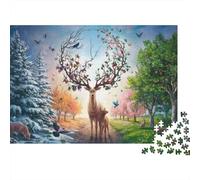 Magical Deer Forest 1000 Piece Hard Puzzle for Adults Deer with Blooming Antlers in Forest Premium Sturdy Vibrant Stress Relief Game 52x38cm/1000pcs