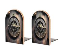 Magical Design Norse Runes Compass Bookend for Shelves Decorative 1 Pair Modern Wood Book End Universal Economy Bookend with Metal Base Heavy Duty Non-Slip Book Organizer for Home Office