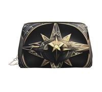 Magical Design Norse Runes Compass Makeup Bag for Women Cosmetic Bags Leather Travel Makeup Case Organizer Waterproof Make up Pouch Open Flat Toiletry Bag Portable Storage Pouch for Travelling, Gold
