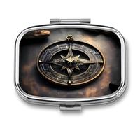Magical Design Norse Runes Compass Pill Box 2 Compartment Small Square Pills Case Portable for Pocket Pill Organizer Travel Metal Pill Holder for Office Home Vitamin Medicine Fish Oil