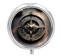 Magical Design Norse Runes Compass Pill Box Waterproof Portable Medicine Pill Case Moisture Proof Metal Travel Pill Box with 3 Compartment Medicine Case