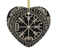 Magical Design Norse Runes Compass Printed Christmas Tree Ceramic Hanging Ornament – Xmas Tree Decoration, Holiday Heart Crafts