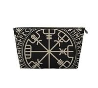 Magical Design Norse Runes Compass Printed Leather Travel Toiletry Makeup Bag with Gold Zipper for Women on the Go