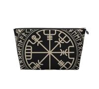 Magical Design Norse Runes Compass Printed Leather Travel Toiletry Makeup Bag with Silver Zipper for Women on the Go