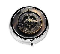 Magical Design Norse Runes Compass Round Pill Box. Portable Daily Medication Organizer, Travel-Friendly Design.