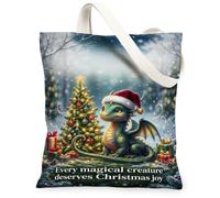 Magical Dragon Christmas Quote Canvas Tote Bag 13x15 Inch | Santa Hat, Pine Tree, Gift Boxes, Snowy Forest, Fanciful Fantasy Art, Holiday Cheer, Magical Creature Theme