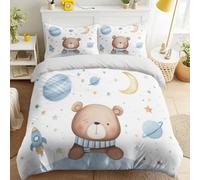 Magical Dreamy Cute Cartoon SOFT & BREATHABLE & FlULLY Outer Space Playful Nursery Duvet Cover Teddy Bear Crescent Moon Rocket Duvet Cover with Zipper Blue Bedding for Teens Adults King
