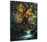 Magical Fairy Tree Wall Art, Green Golden Enchanted Forest Canvas Print, Fantasy Home Aesthetic Decor For Living Room, Bedroom, Office, Unframed 16x20 Inch