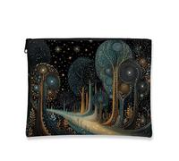 Magical Forest Cosmetic Bag, Night Sky Fantasy Travel Makeup Zipper Pouch for Women, Portable Small Canvas Organizer, Winter Holiday Gift Toiletry Bag Skincare Storage, Black, 7x9 Inch, Trees