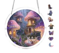 Magical Forest Fairy Cottage Lights 7.8x7.8Inch Round Acrylic Jigsaw Puzzle Suncatcher, Crystal Window Decor Wall Art Ornament, Fantasy Home Gift