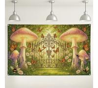 Magical Garden Backdrop, Vintage Mushroom Butterfly Nature Decor, Green Floral Photography Background for Events, Summer Party Booth Supplies 71x43 Inch
