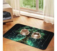 Magical Green Tree Pet Feeding Mat Absorbent Pu Leather Dog Cat Food Mats Contain Spills Protects Floors, Anti-Slip Rubber Backing Dog Bowl Mats Easy Clean Pet Placemats 40x60cm