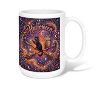 Magical Halloween Cat And Owl Black Ceramic Coffee Mug 15oz